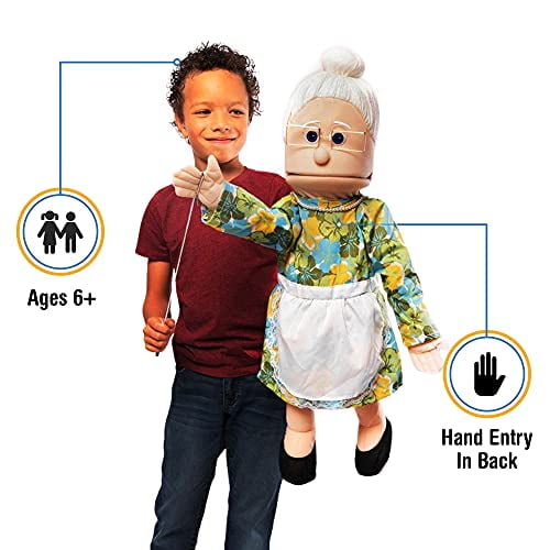 Marionnette de Style Ventriloque Intégral de 25 Pouces Granny, Grand-Mère Pêche par Silly Puppets. la Marionnette Présente une Robe Florale Colorée avec un Tablier Blanc, des Chaussures Noires et une Coiffure de Petit Pain Blanc. Conçue pour 6 Ans et Plus, Elle Comprend une Entrée Manuelle dans le Dos pour une manipulation Facile.