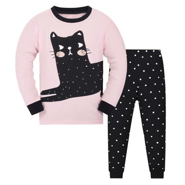 Hiiyo Pyjama pour Tout-Petites Filles, T-Shirt à Manches Longues Imprimé Chat de Dessin Animé et Pantalon, Tenue de Nuit Ensemble 2 Pcs