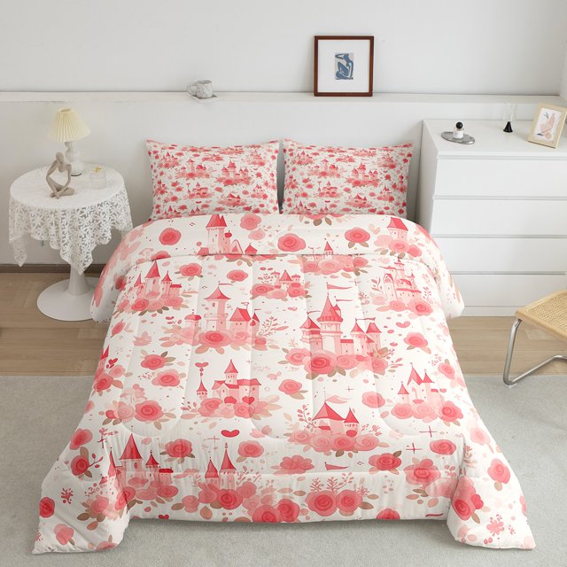 YST Cartoon Castle Comforter Set Watercolor Roses Floral Bedding Twin,Kawaii Love Heart Pattern Quilt Romantic Theme Down Comforter,Red