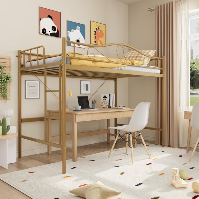 GloryStar Twin Loft Bed Frame, Compact Metal Loft with Adjustable Ladder & 400 lb Capacity for Kids’ Rooms or Dorms, No Box Spring Needed