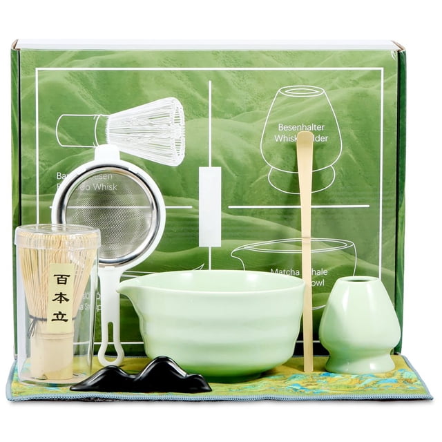 CHUANK 7Pcs Japanese Matcha Tea Set Matcha Making Starter Kit with Matcha Whisk Bowl Whisk Holder Scoop and Strainer Safe Bamboo Matcha Whisk and Ceramic Bowl Set for Matcha Tea