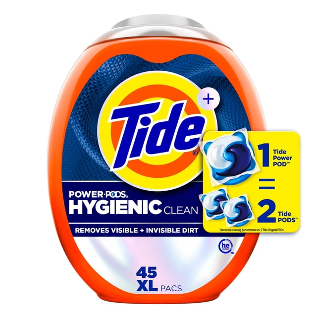 Tide Hygienic Clean Power PODS Laundry Detergent Pacs in an orange container with the Tide logo, containing 45 XL pods that remove visible and invisible dirt with double cleaning power, suitable for cold water washing and hygienic fabric cleaning.
