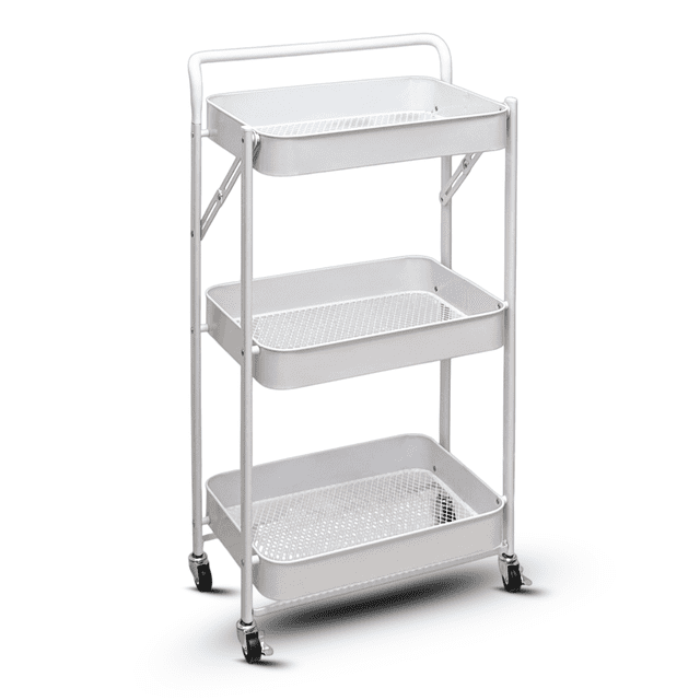 Joie-Ciel Chariot Roulant Pliable, Aucun Assemblage Requis, Chariot de Rangement à 3 Niveaux avec Poignée, Chariot Utilitaire Gain de Place avec Roues Verrouillables, Blanc Doux, 17.75 x 11.63 x 32.63 Po