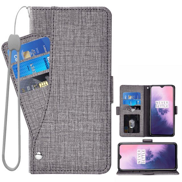OnePlus 7 6T Case, iCoverCase Genuine Leather Wallet Case Slim Fit Folio Book Design with Stand and Card Slots Flip Case Cover for OnePlus 7 6T (Gray)