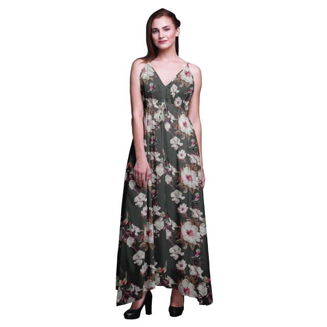 Bimba Robe Longue à Imprimé Floral pour Femmes, Bretelles Spaghetti, Col en V, Maxi, Tenue de Plage - X-Grand