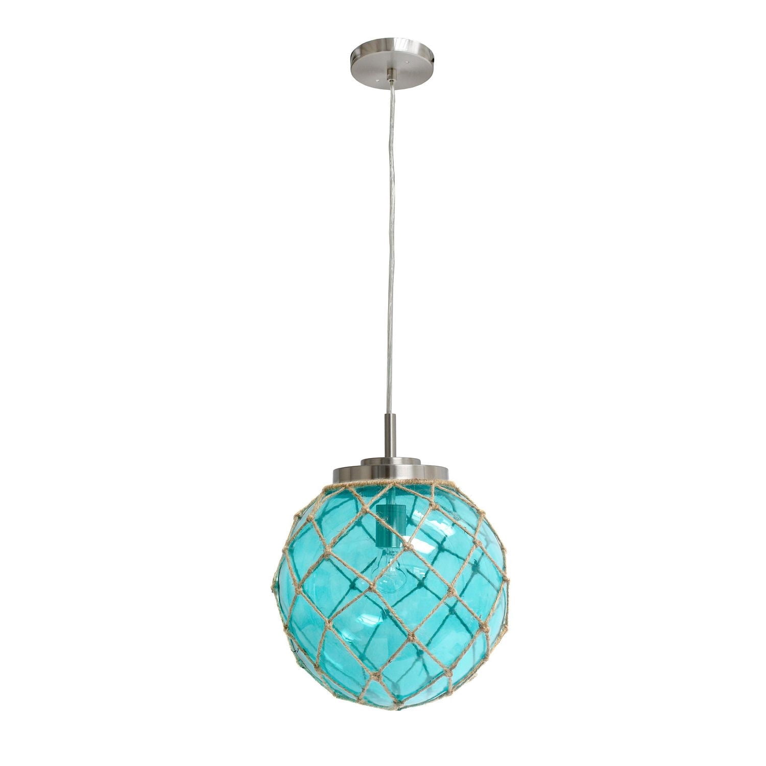 Elegant Designs Buoy Netted Brushed Nickel Coastal Ocean Sea Glass Pendant with Natural Rope