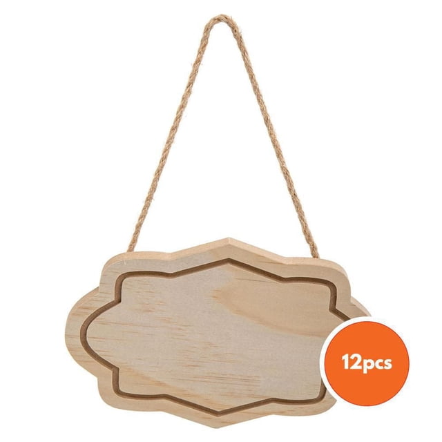 Time 4 Crafts Ensemble de 12 Panneaux en Bois Non Finis DIY Montrant une plaque en Bois Naturelle Non Finie avec Bords Festonnés et une Corde de jute Suspendue, Conçu pour la Peinture Ou l'Artisanat Décoration Intérieure Personnalisée Ou Cadeaux.