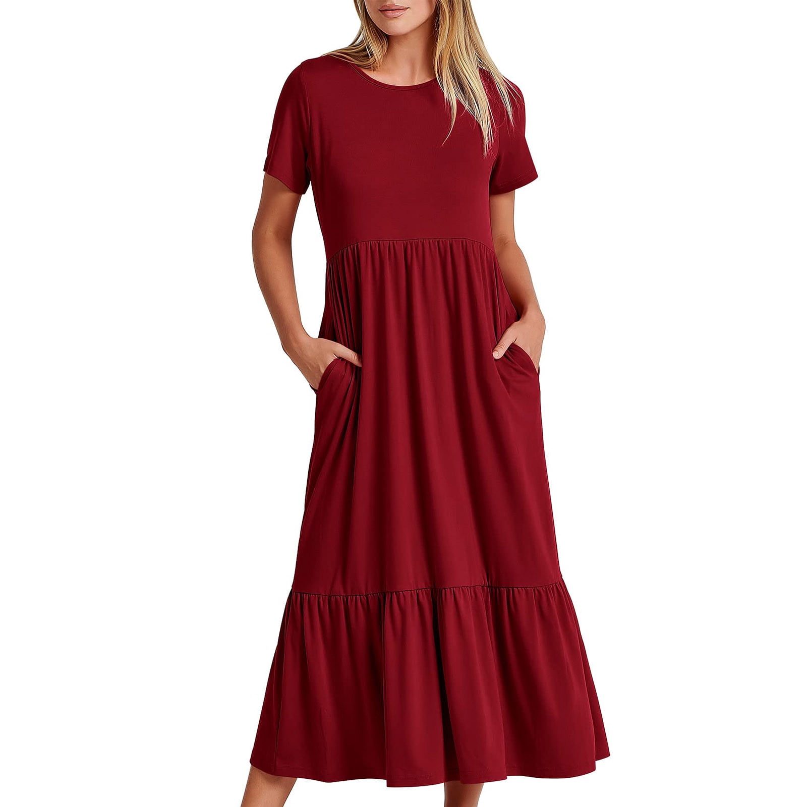 Robes d'Été 2023 Robe d'Été Décontractée pour Femme à Manches Courtes Col Ras du Cou Robe Décontractée Fluide à Étages Maxi Robe de Plage avec Poches Robes de Soirée pour Femme Élégantes et Chic en Liquidation