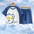thumbnail image 3 of Ensemble Deux Pièces à Manches Courtes pour Garçons, Pyjama en Coton Respirant avec Haut à Col Rond et Short, Tenue de Nuit à Rayures Bleues pour 3 à 16 Ans, 3 of 3
