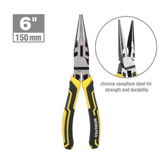 WorkPro Pince-Nez de 6 Pouces de Long avec Poignées Souples à Prise Injectée Jaune et Noire à 3 Couleurs et Mâchoires en Acier au Chrome-Vanadium Traitées Thermiquement pour la Force et la Durabilité, Conçue pour Courber, Façonner et Couper le Fil dans les Espaces Étroits, Montrée Orientée vers l'Avant avec un Gros Plan de l'Embout Long du Nez.