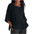 thumbnail image 1 of Liquidation d'Économies! Hauts pour Femmes Grande Taille, Chemise d'Été pour Femmes à la Mode Plissée à Manches 3/4 Col Rond Imitation Coton et Lin Chemise Ample Blouse, 1 of 5