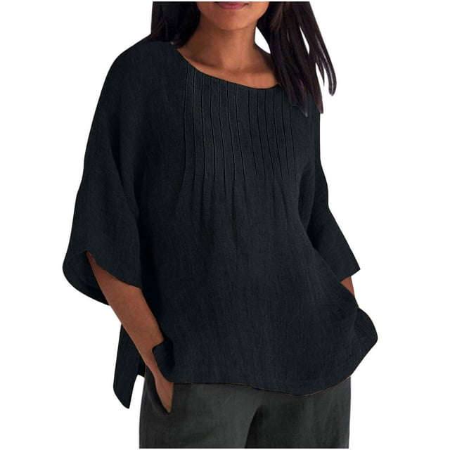 Liquidation d'Économies! Hauts pour Femmes Grande Taille, Chemise d'Été pour Femmes à la Mode Plissée à Manches 3/4 Col Rond Imitation Coton et Lin Chemise Ample Blouse
