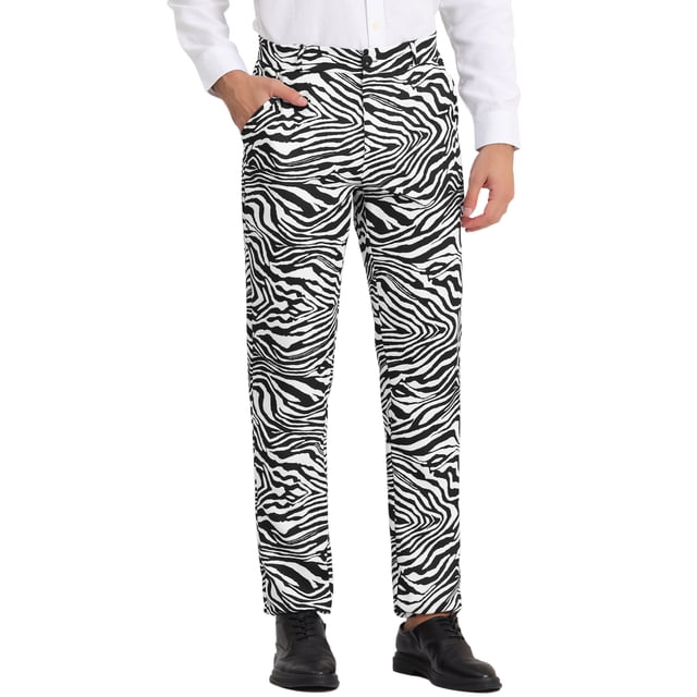 INSPIRE CHIC Men's Pants Snake Print Regular Fit Flat Front Elastic Waist Pants 36 Zebra Print