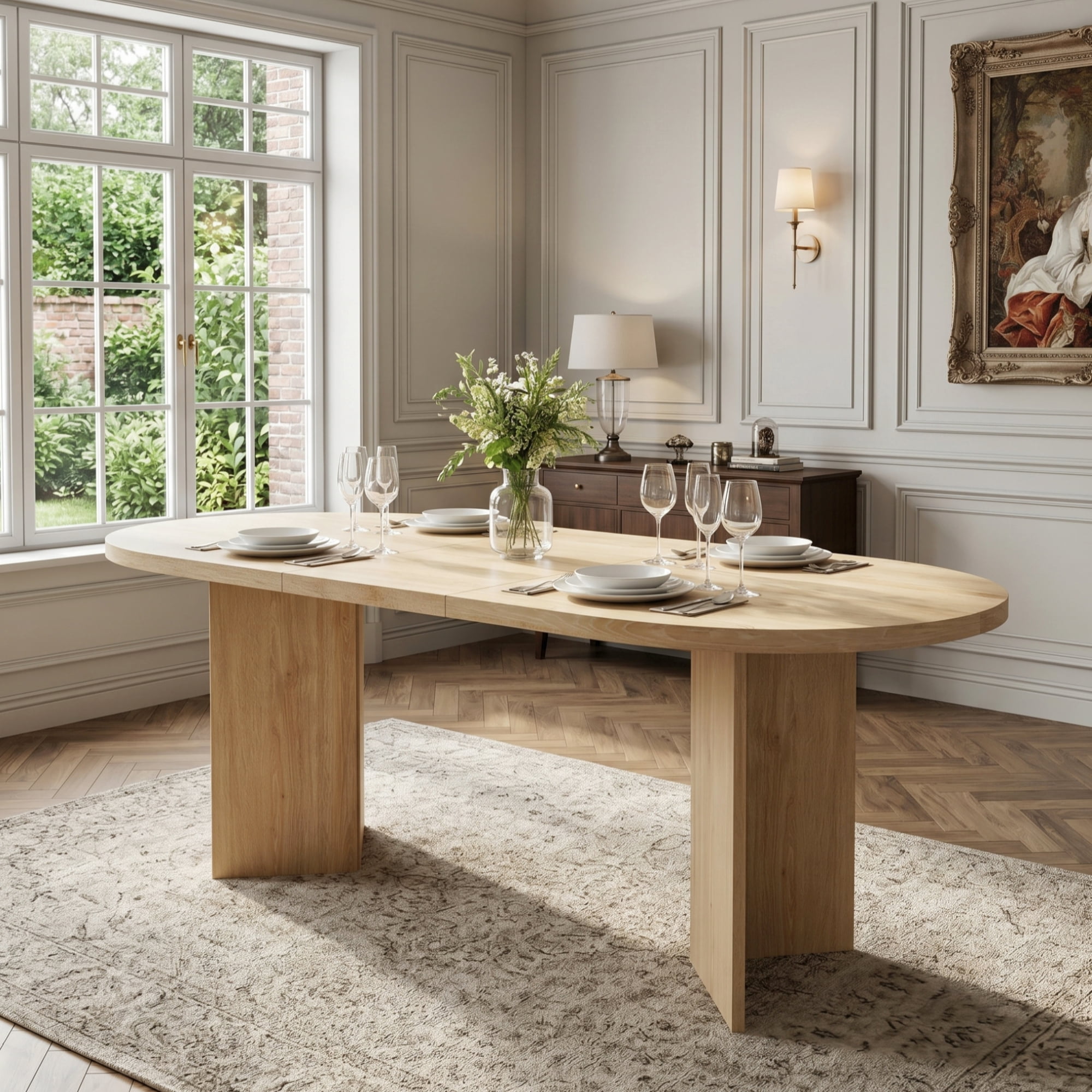 Noble House 79" Large Oval Dining Table for 6-8,Wood Grain Finish with Double Pedestal Base,Contemporary Dining Room Table,Oak