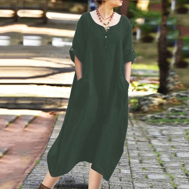 Gspmoly Robes d'Été pour Femmes, Robe Décontractée Ample à Manches Longues à Col en V en Coton et Lin de Couleur Unie pour Femmes, Robes de Vacances pour Femmes en Liquidation