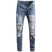 EGNMCR Jeans for Men, Men's Elastic Waist Loose Fit Denim Pants, Mens Pull On Jeans Men's High-end Stretch Nostalgic Big Hole Slim Beggar Jeans Men Pants