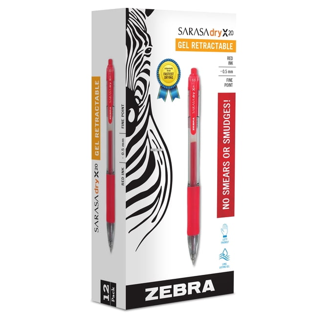 Zebra Pen Sarasa Gel Pens, Fine Point Pens For Adult Colouring, Smear-Proof & Ideal For Writing, Reliable Retractable Gel Pens For Kids & Adults, 12 Pk - Red Ink