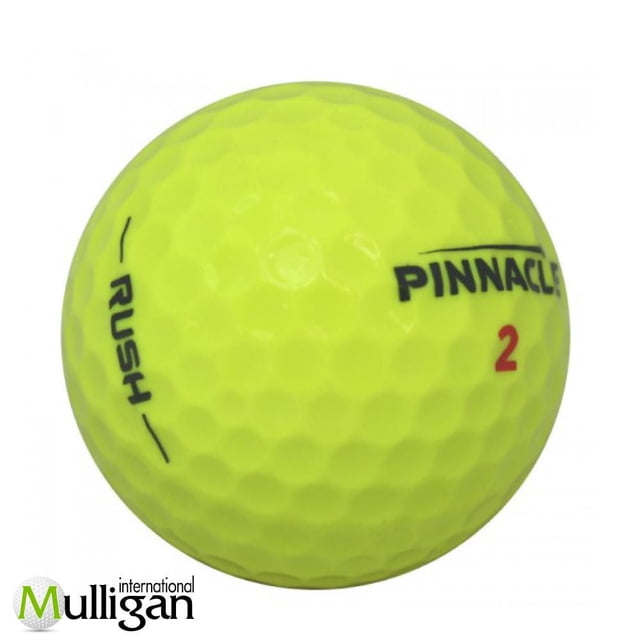 Mulligan - 48 Pinnacle Rush 5A Recycled Used Golf Balls, Yellow featuring a close-up of a single yellow Pinnacle Rush golf ball with dimpled texture, black 'Pinnacle' and 'Rush' branding, and red number 2, suitable for eco-friendly golf practice and players of all skill levels.