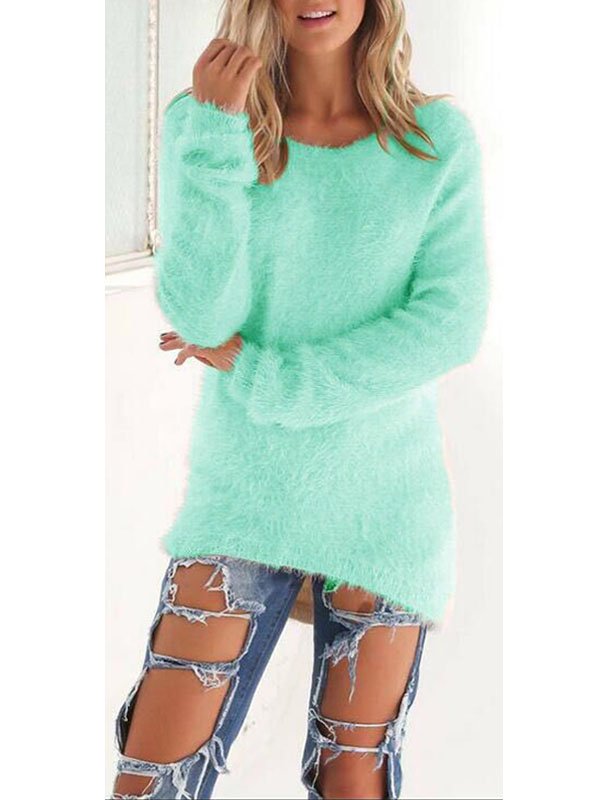 Women Winter Fleece Fluffy Sweater Jumper Plain Pullover Tops Blouse