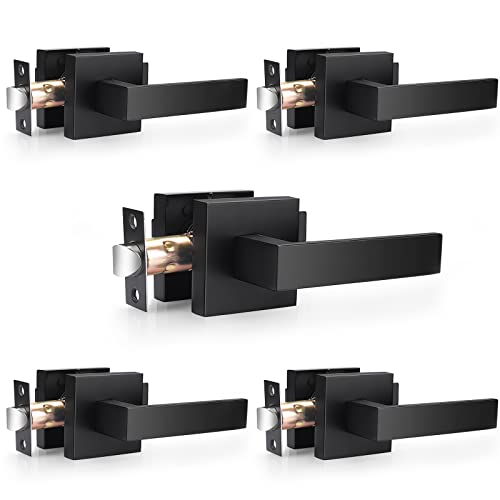 Probrico Matte Black Passage Door Levers Square Hall Closet Handles, Heavy Duty Interior Non-Locking Lever Sets, Reversible For Right & Left Side, 5 Pack