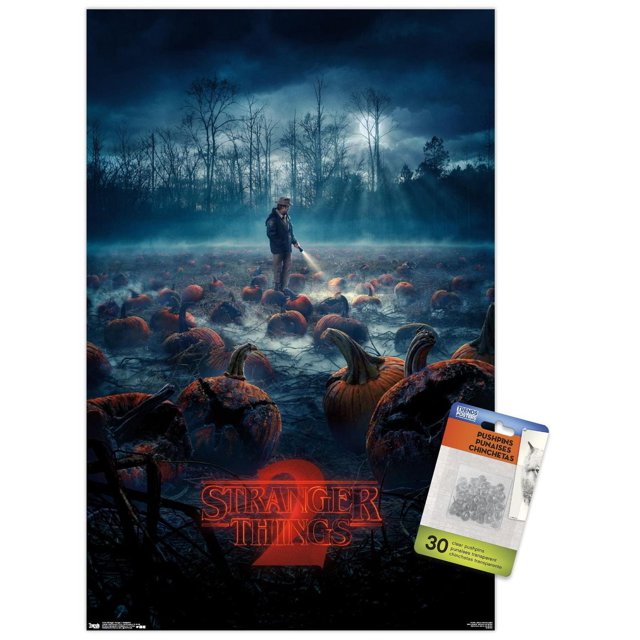 Netflix Stranger Things: Season 2 - Pumpkins Wall Poster, 22.375" x 34" depicting a foggy nighttime pumpkin patch with carved pumpkins and a person shining a flashlight on the ground under a moonlit sky, featuring the red Stranger Things 2 logo, suitable for home or party wall décor.