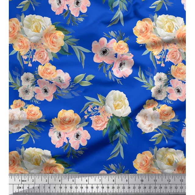 Soimoi Blue Poly Georgette Fabric Anemone & Begonia Floral Fabric Prints By Yard 42 Inch Wide