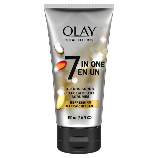 Olay Total Effects Nettoyant pour le Visage Rafraîchissant aux Agrumes en tube Argenté de 150 ml avec Capuchon Rabattable Noir, Conçu pour une exfoliation Douce et un Éclaircissant de la Peau du Visage avec une Formule aux Agrumes Offrant Sept Bienfaits en Soins de la Peau.