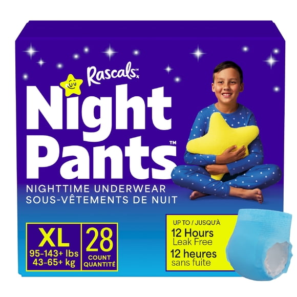 Rascals Night Pants, Absorbent Disposable Boys Nighttime Bedwetting Underwear, XL (95-143+ lbs), 28 Count