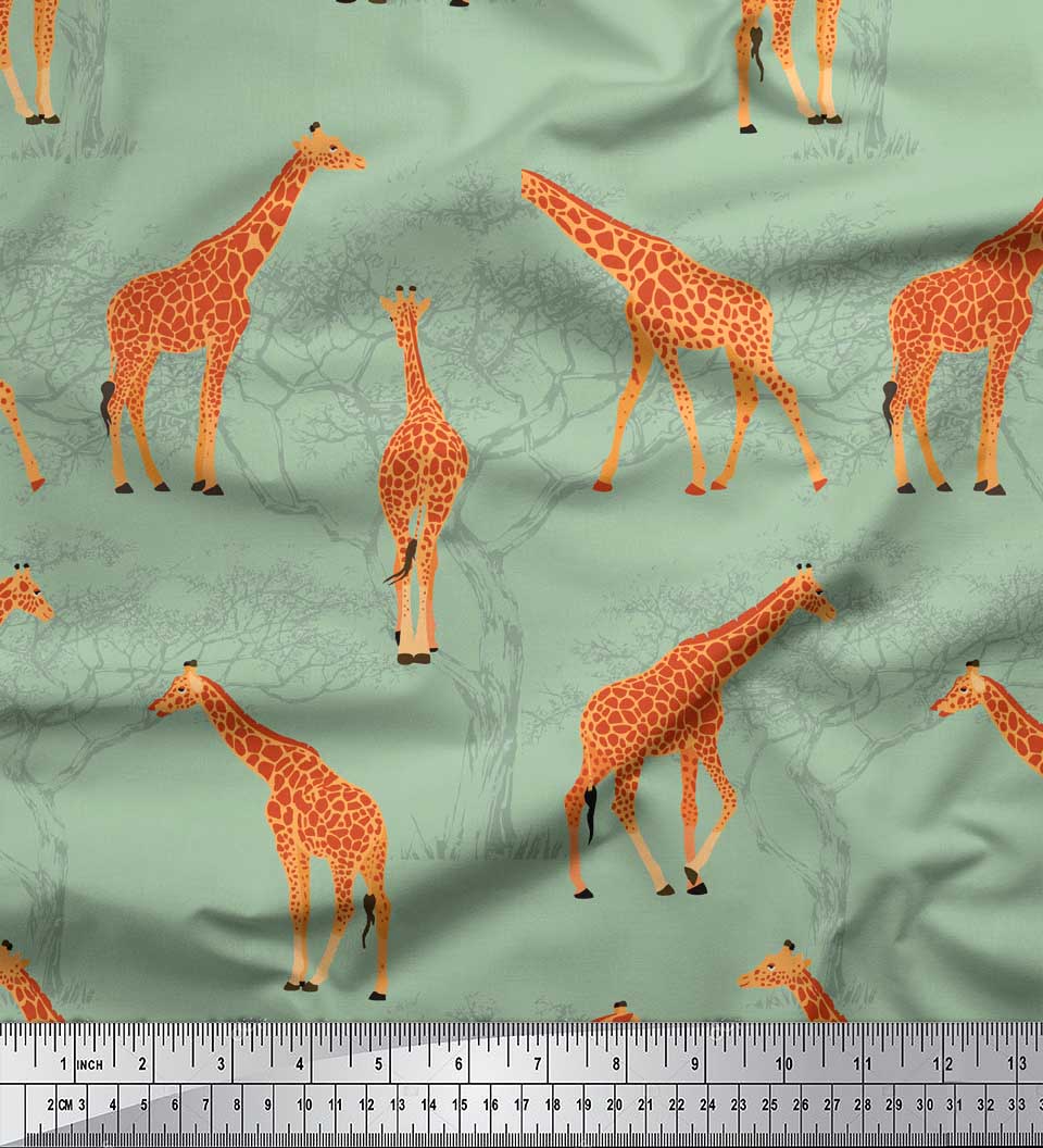 Soimoi Green polyester Crepe Fabric Giraffe Forest Print Fabric by The Yard 42 Inch Wide