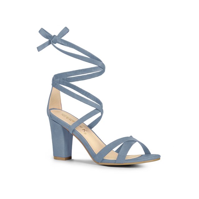 BLISSFUL STEP Women's Sandals High Block Heels Solid Color Lace up Sandals Haze blue 7