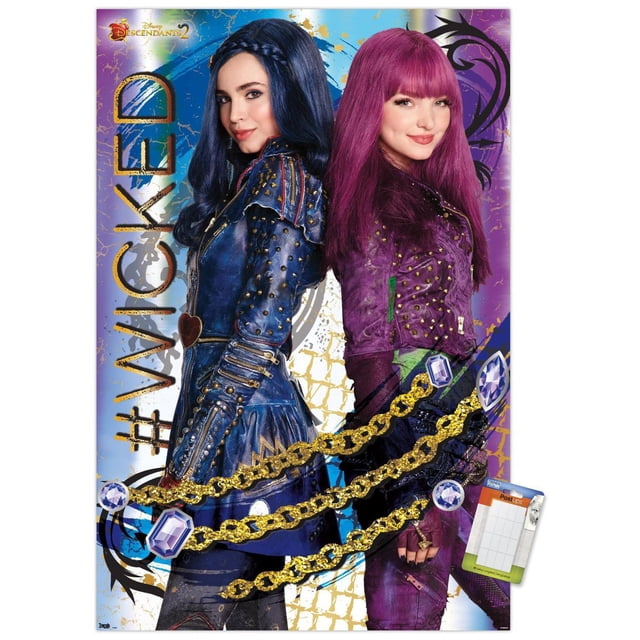 Disney Descendants 2 - Wicked Affiche Murale, 14,725 Pouces x 22,375 Pouces Encadrée Présentant Deux Personnages en Tenues de Cuir Bleu et Violet Cloutées, Debout Dos à Dos avec Chaîne Dorée et Graphiques de Pierres Précieuses sur un Fond Abstrait Coloré avec Texte #Wicked, Convient pour art Mural de Chambre Ou de Dortoir.
