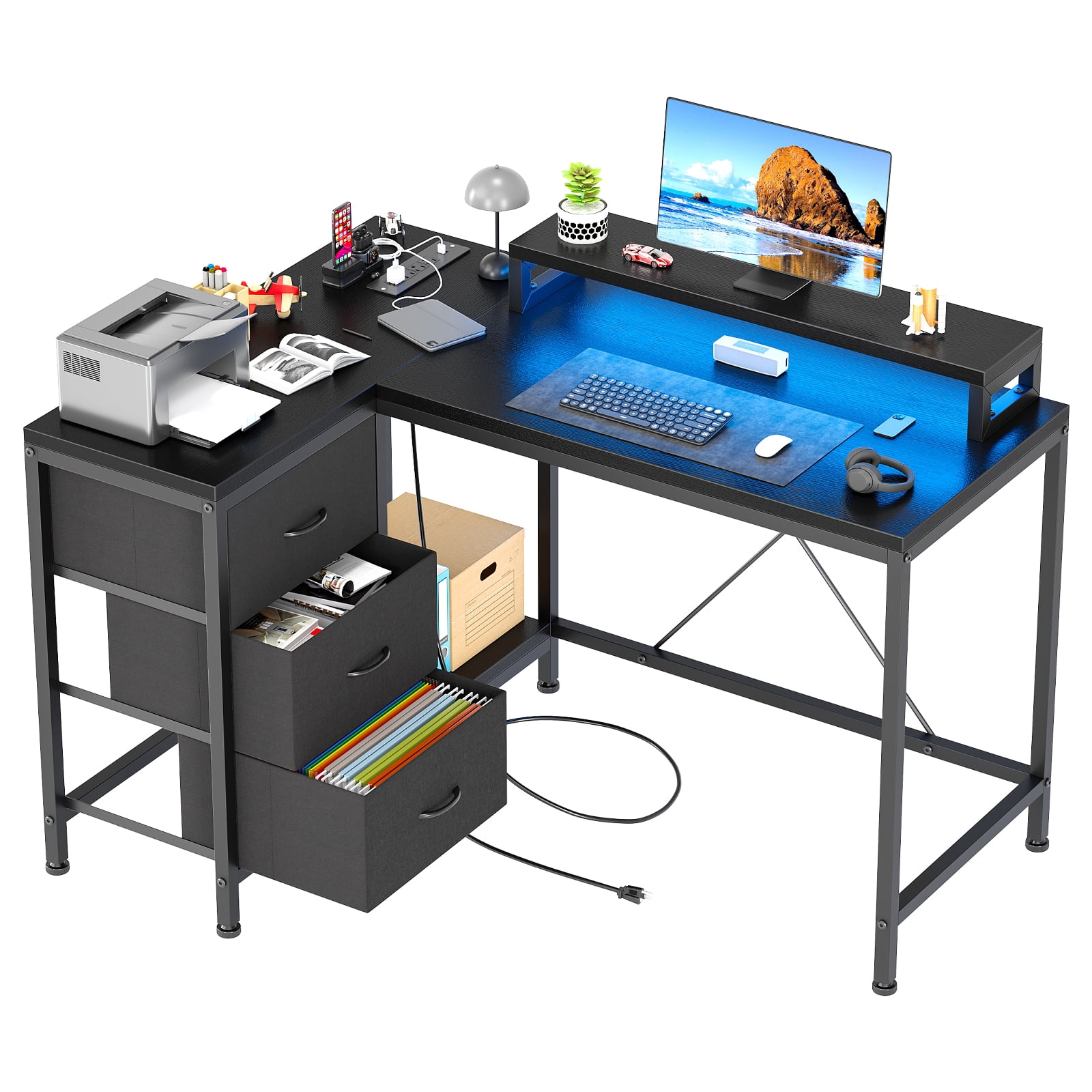 Zzistar L Shaped Desk with Power Outlets & LED Lights, Computer Desk with Drawers & Shelves, Corner Desk Gaming Desk Home Office Desk,
