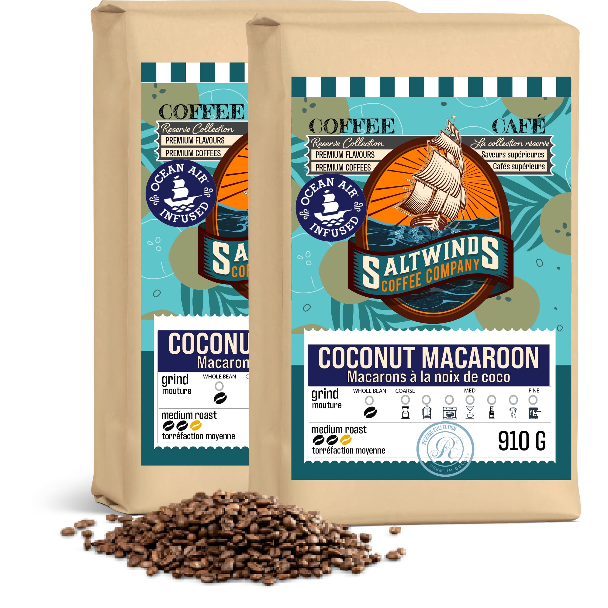 Coconut Macaroon Flavoured Coffee Bundle (2x910 g Whole Bean) | Ocean Air Infused | Canadian Roasted Flavoured Coffee Bundle- Coconut