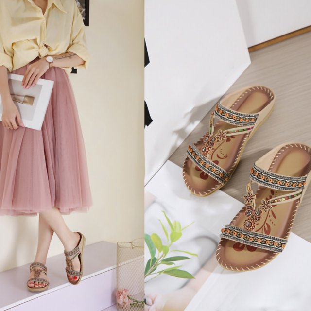 LSLJS Bohemian Flat Flower Rhinestone Sandals Outer Beach Sandals, Women's Slippers
