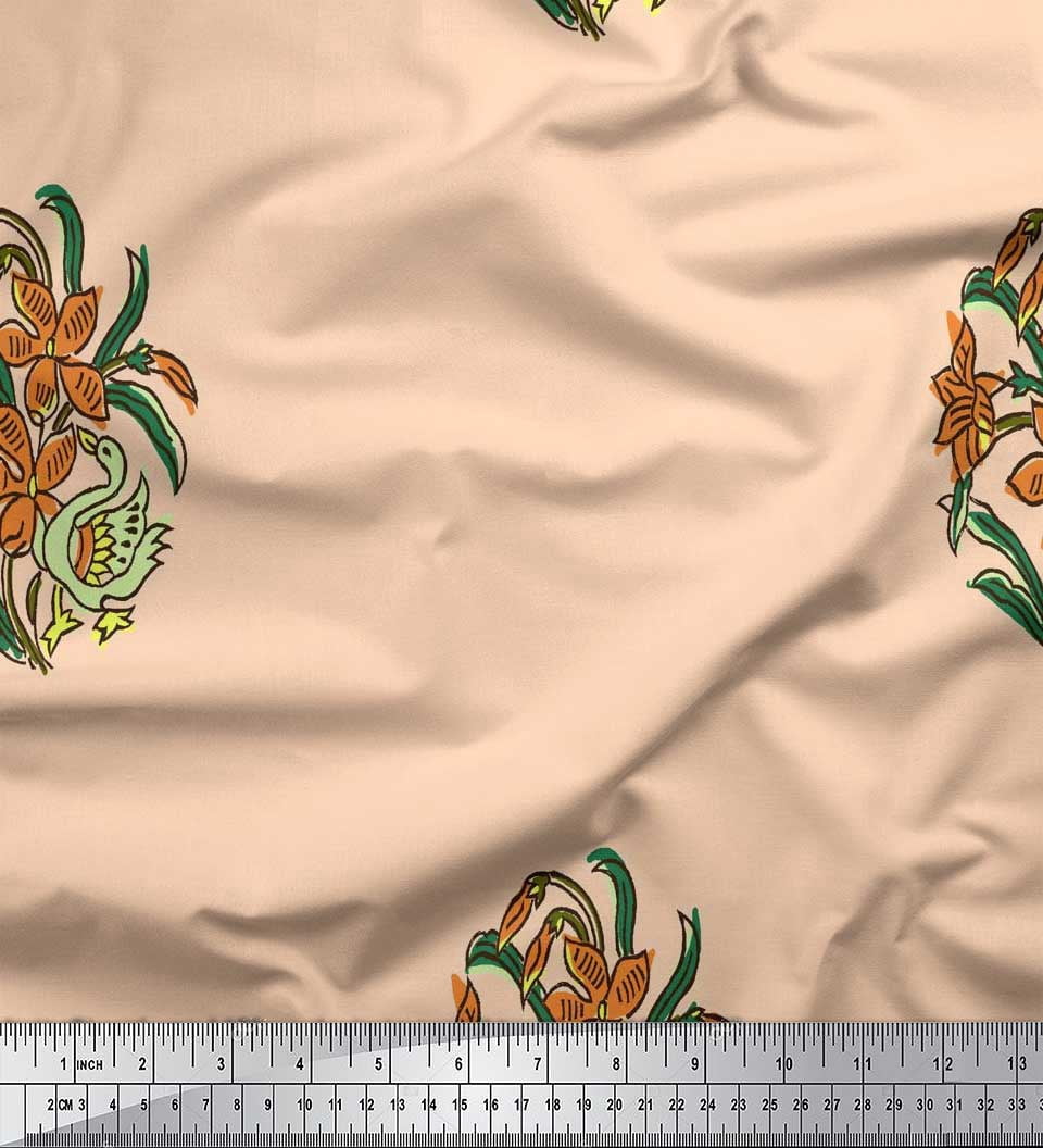 Soimoi Satin Silk Fabric Leaves,Duck & Floral Block Decor Fabric Printed Yard 42 Inch Wide