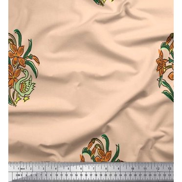Soimoi Satin Silk Fabric Leaves,Duck & Floral Block Decor Fabric Printed Yard 42 Inch Wide
