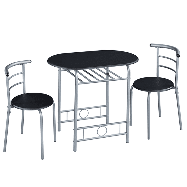Fullfurnique Ensemble Moderne de Salle à Manger 3 Pcs avec Table Ronde et 2 Chaises, Pattes en Acier, Noir, Comprenant un Plateau Ovale compact en MDF Noir avec Pattes en Acier Argenté Enduit de Poudre, Deux Chaises Rondes Noires avec Dossiers Incurvés en Métal Argenté, et un Support Inférieur Intégré pour le Rangement, Convient aux Petites Cuisines, Appartements Ou Espaces de studio.