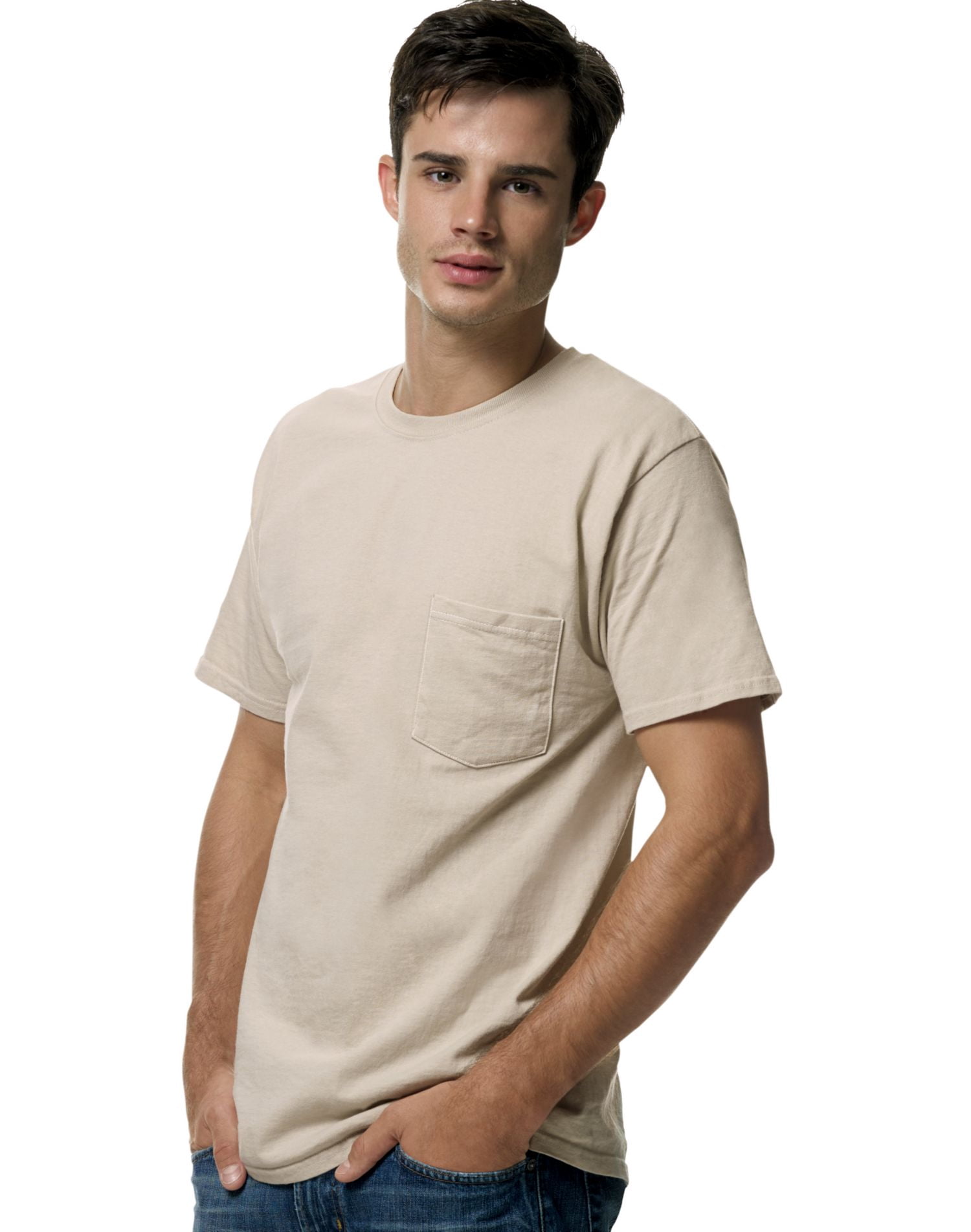 Hanes TAGLESS Men`s Pocket T-Shirt, 2XL, Sand