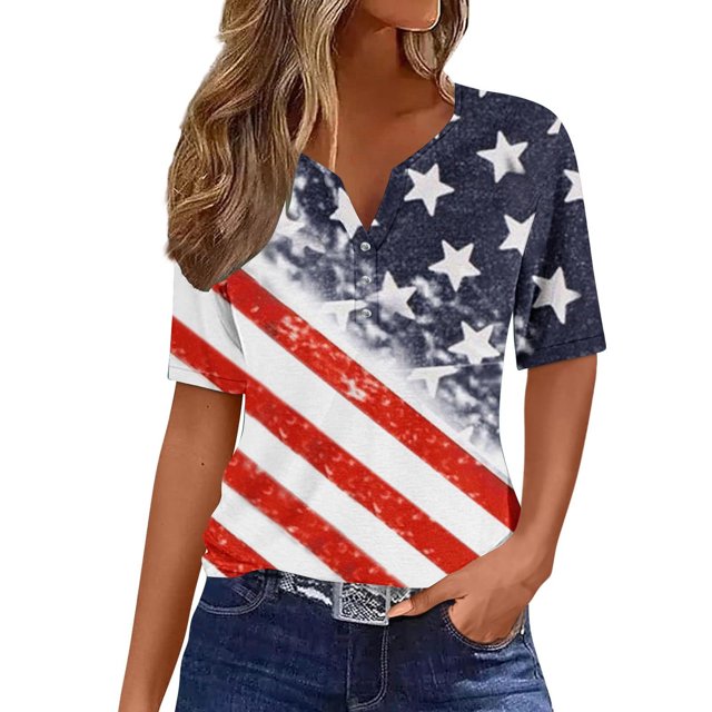 KIHOUT Women's Independence Day Printed T-Shirt Button Up Short Sleeved V-Neck Tops Red L