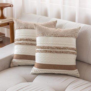 FTCBJJA Ensemble de 2 Housses de Coussin Style Ferme 18x18 Rayées Neutres Housses Décoratives pour Canapé Sofa Chaise Chambre Décor Moderne, Brun et Blanc Cassé