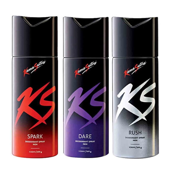 Kama Sutra Spark + Dare + Rush Deodorant Spray For Men Pack Of 3X 150ml - 5.07 Fl.oz. Each | Long Lasting Perfume Spray For Boys | Warm, Sensual, Woody & Masculine Fragrance