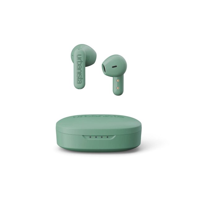 Urbanista Copenhagen TWS true wireless earbuds in matte green with matching charging case, featuring stem-style earbuds with Urbanista branding, Bluetooth 5.2 connectivity, touch controls, and visible charging contacts, displayed on a white background.
