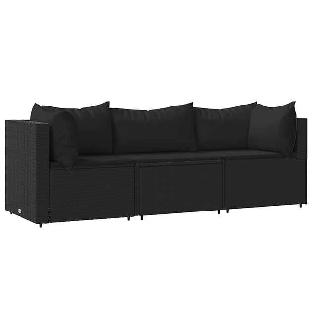 vidaXL 3 Piece Garden Lounge Set with Cushions in black poly rattan, featuring a modular design with two corner sofas and one middle sofa. The set includes black cushions made of polyester fabric with foam and fiber cotton filling for added comfort. The sturdy frame is constructed from powder-coated steel, and the PE rattan material is weather-resistant and easy to clean. Dimensions for each corner sofa are 63 x 63 x 57.5 cm, and the middle sofa measures 63 x 63 x 57.5 cm. Adjustable feet provide stability, and the set is suitable for outdoor use in patios or gardens.