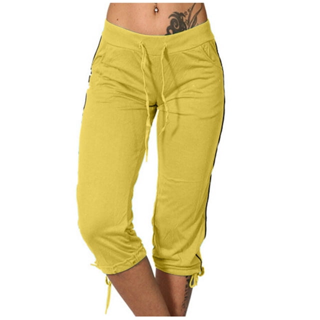 Timegard Womens Yoga Leggings Mid Waisted Drawstring Cinch Bottom Capri Pants Workout Trousers with Pockets