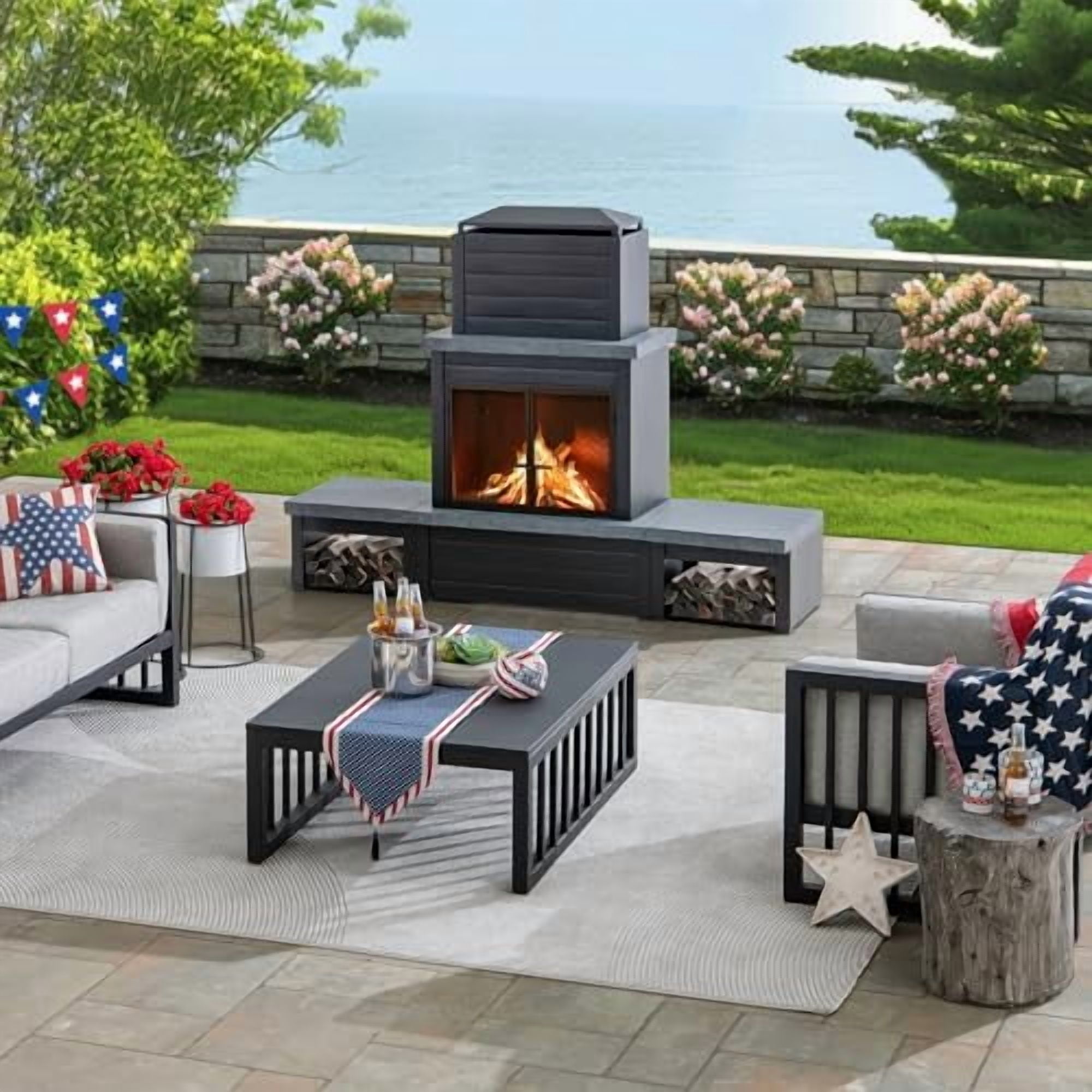 Sunjoy Cheminée Foyer à Bois Extérieur en Acier Noir Mat avec Conduit, Supports à Bûches, Outil de Foyer et Housse en PVC