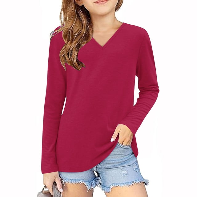 vdgthytj Toddler Boys Girls Long Sleeve T-Shirts Kids V Neck Solid Color Color Basic Tops Fall Spring Outfit Blouse