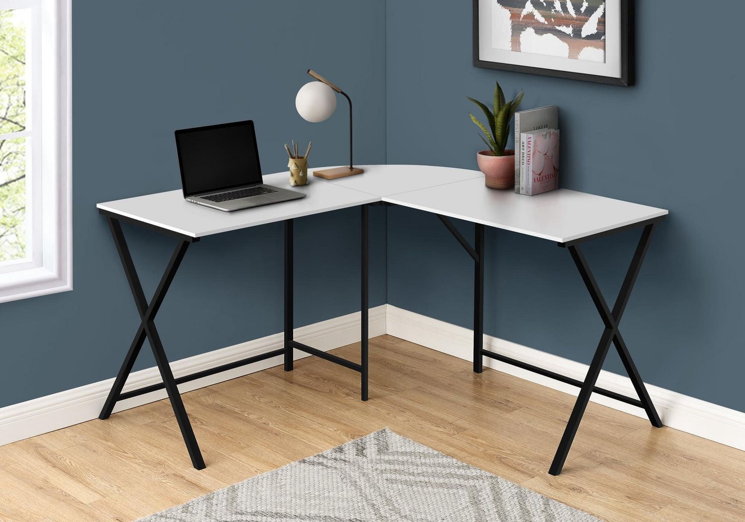 Monarch Specialties Computer Desk, Home Office, Corner, 55"l, L Shape, Work, Laptop, Metal, Laminate, White, Black, Contemporary, Modern