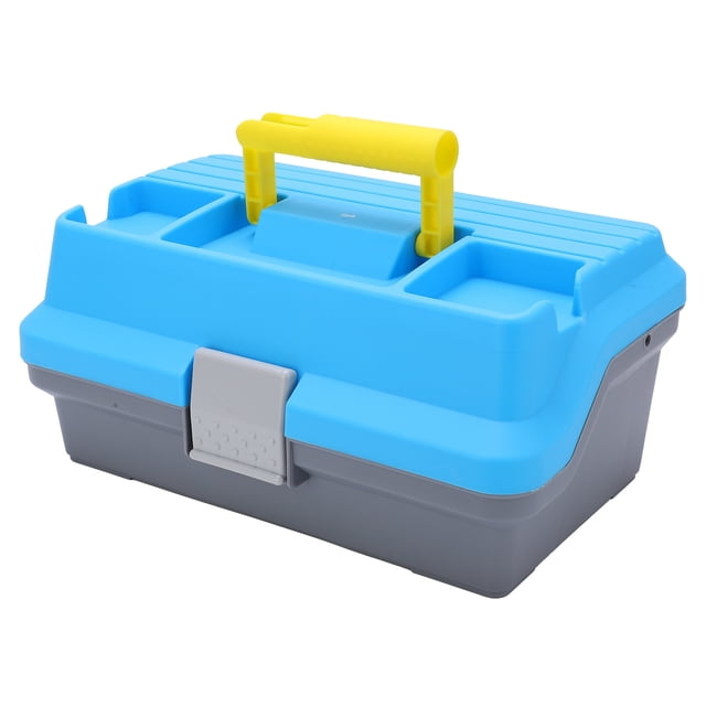 Storage Box, Fishing Tackle Box Portable Fishing Box with elevated design. Made of durable ABS material, featuring a three-layer design for organized storage of fishing tackle, bait, and gear. Includes an ergonomic yellow handle for easy carrying, a blue and gray exterior, and an impact-resistant safety lock for secure equipment storage.