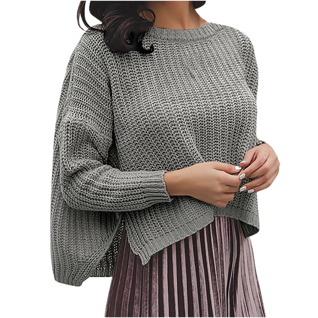 Timegard Hauts en Tricot pour Femmes Col Ras du Cou Fendu Manches Longues Court Chandail Automne Hiver Chandails Amples