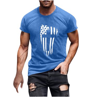 QIPOPIQ Men's Short Sleeve Round Neck Shirts 4th of July Shirts for Men American Flag Pattern T Shirt Summer Digital Printed Pullover Fitness Tees Shirt Gift for Father & Him 2024 Clearance Blue L